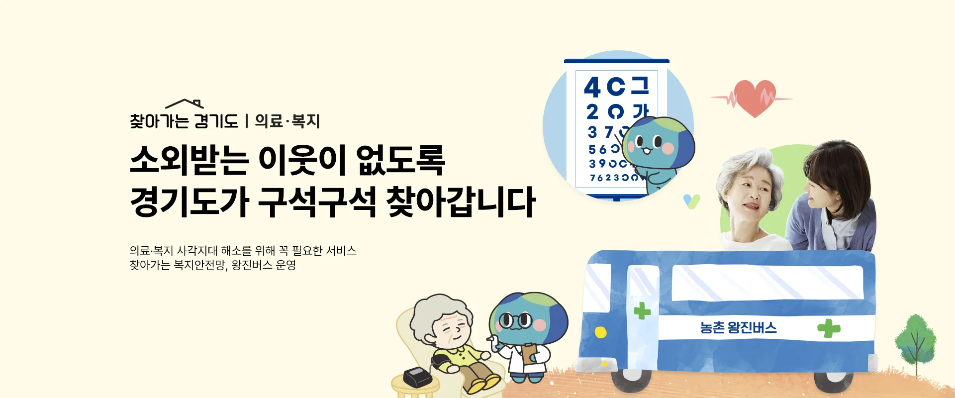 찾아가는 경기도 / 의료·복지

소외받는 이웃이 없도록
경기도가 구석구석 찾아갑니다

의료·복지 사각지대 해소를 위해 꼭 필요한 서비스
찾아가는 복지안전망, 왕진버스 운영