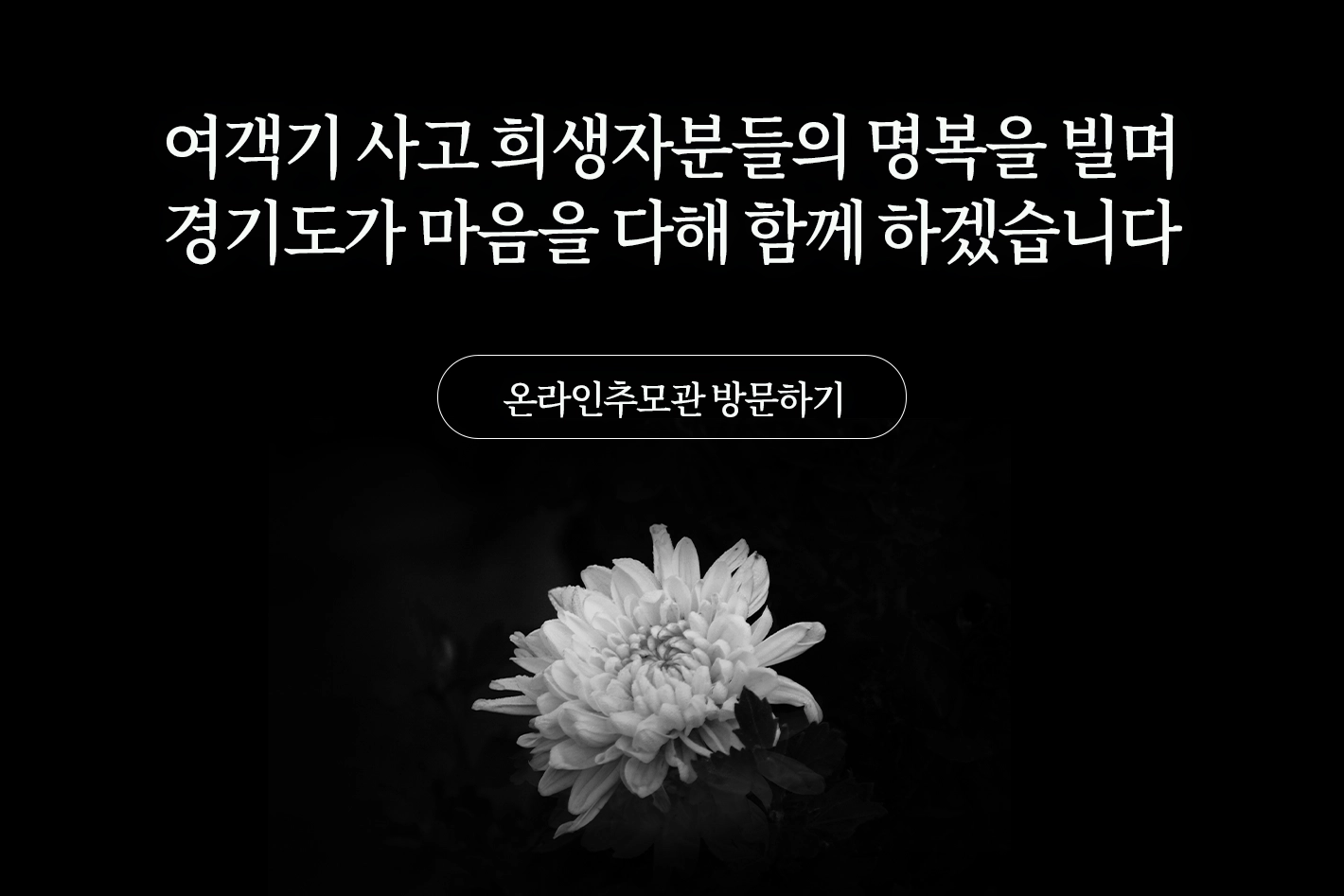 여객기 사고 희생자분들의 명복을 빌며
경기도가 마음을 다해 함께 하겠습니다

희생자분들을 추모하고,
아픔을 나눌 위로의 마음을 전해주십시오

온라인 추모관 방문하기