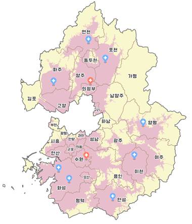 지역외상협력병원 도 내 분포현황 안내 지도